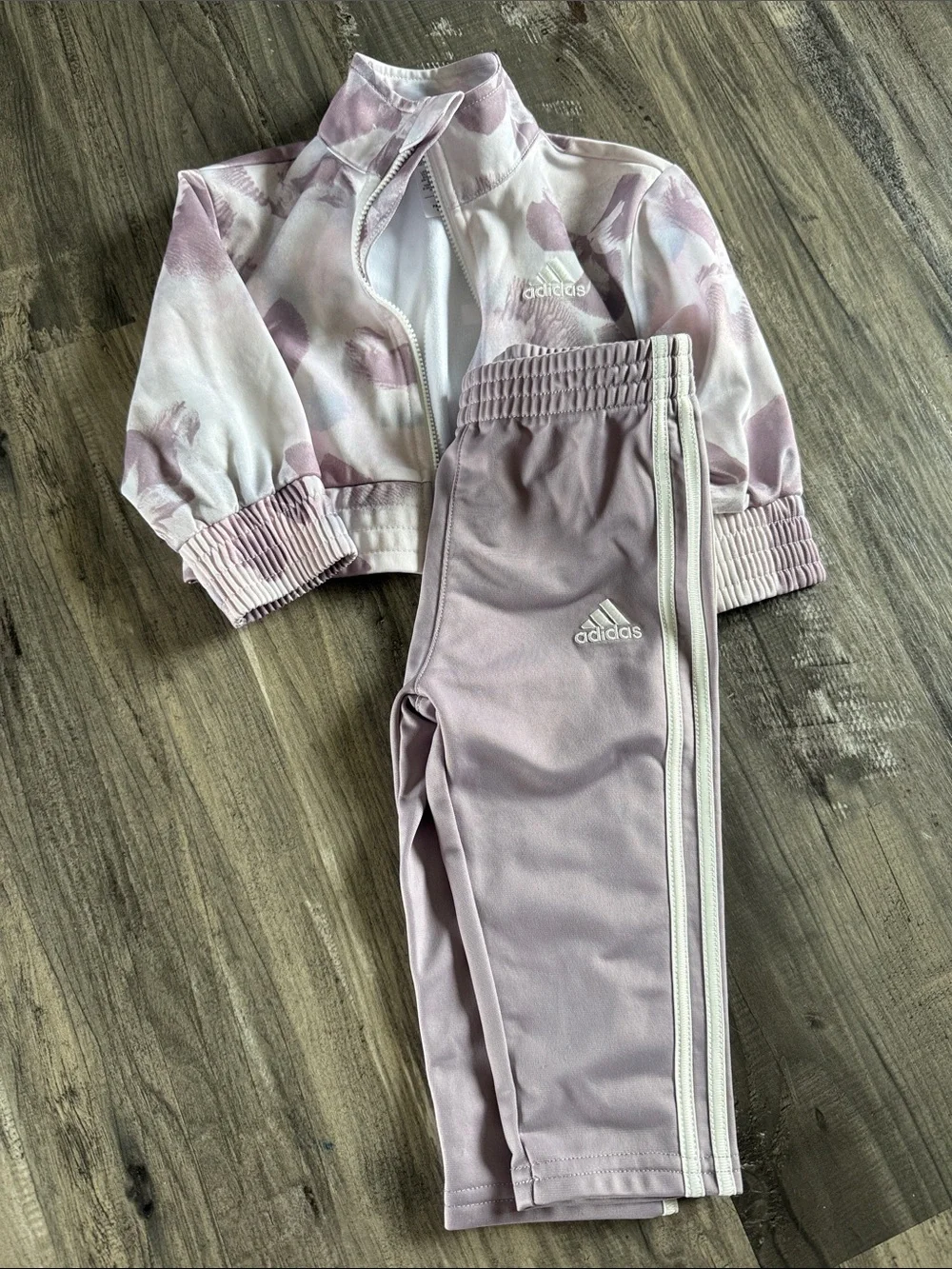 adidas Girls Light Pink and Mauve Floral Track Jacket and Mauve Pants Set